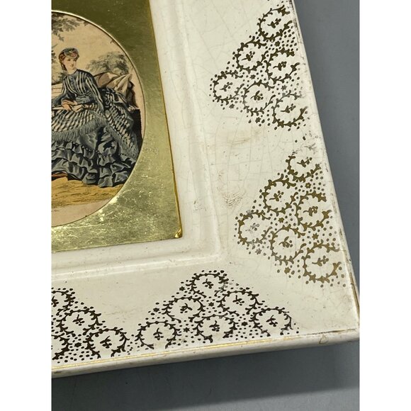 vintage ceramic framed La Mode illustree print shabby chic white gold mated READ - Picture 11 of 11